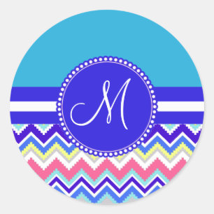 Colourful Blue Aztec Andes Chevron Zig Zags Classic Round Sticker