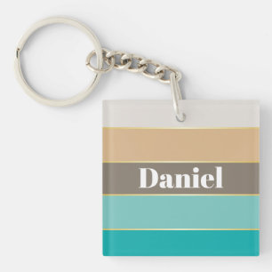Colourful Blue Beige Personalised Colour Stripes Key Ring