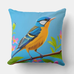 💙 Colourful Blue Bird Floral Art Gift For Mum 🌿 Cushion