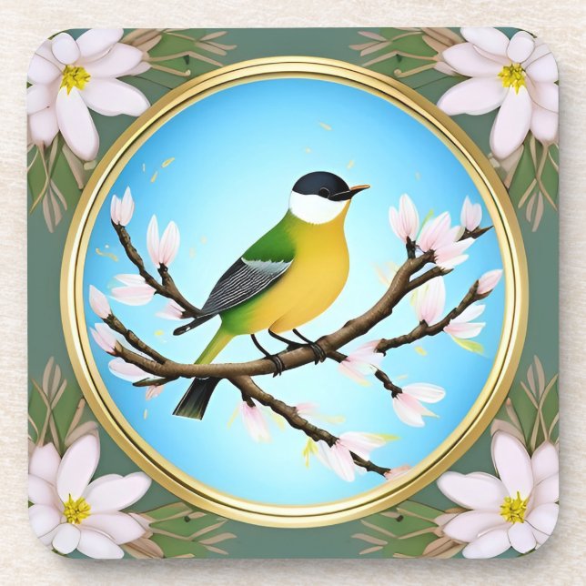 Colourful Blue Bird Perching on a Blossoming Branc Coaster (Front)