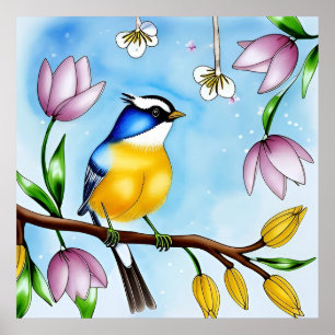 Colourful Blue Bird Perching on a Blossoming Branc Poster