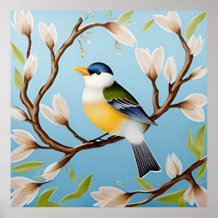 Colourful Blue Bird Perching on a Blossoming Branc Poster