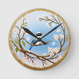 Colourful Blue Bird Perching on a Blossoming Branc Round Clock