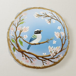 Colourful Blue Bird Perching on a Blossoming Branc Round Cushion