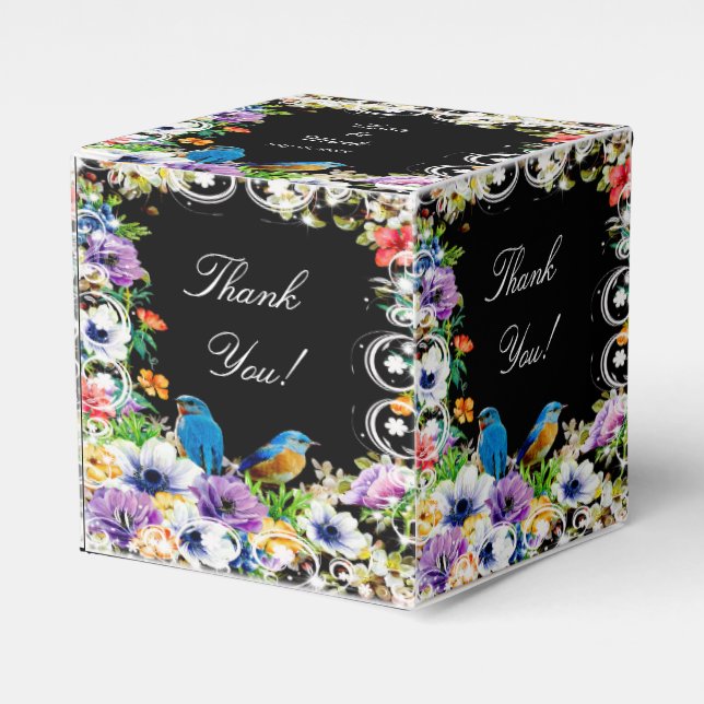 Colourful Blue Birds And Botanical Floral Favour Box (Front Side)