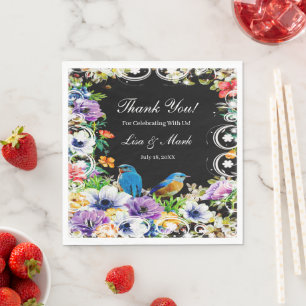 Colourful Blue Birds And Botanical Floral Paper  Napkin