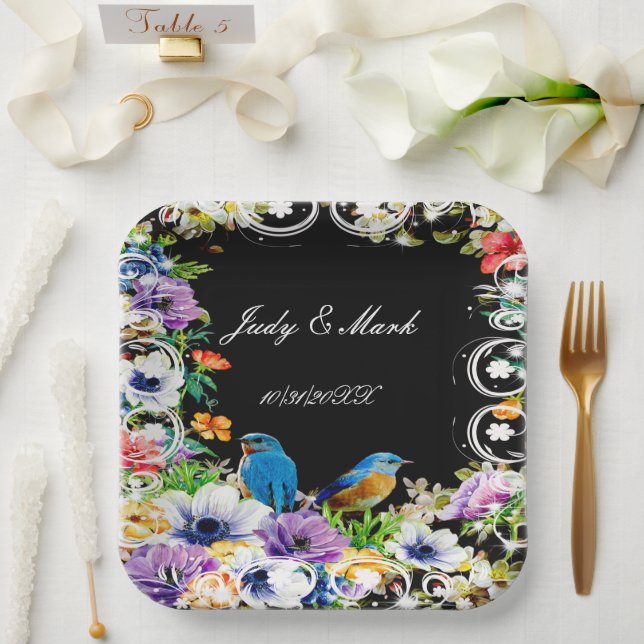Colourful Blue Birds And Botanical Floral Paper Plate (Wedding)
