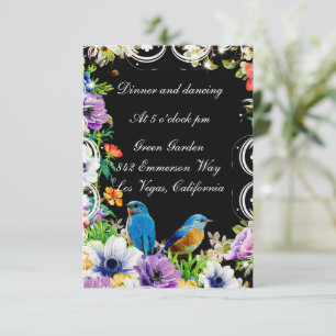 Colourful Blue Birds And Botanical Floral Receptio Invitation