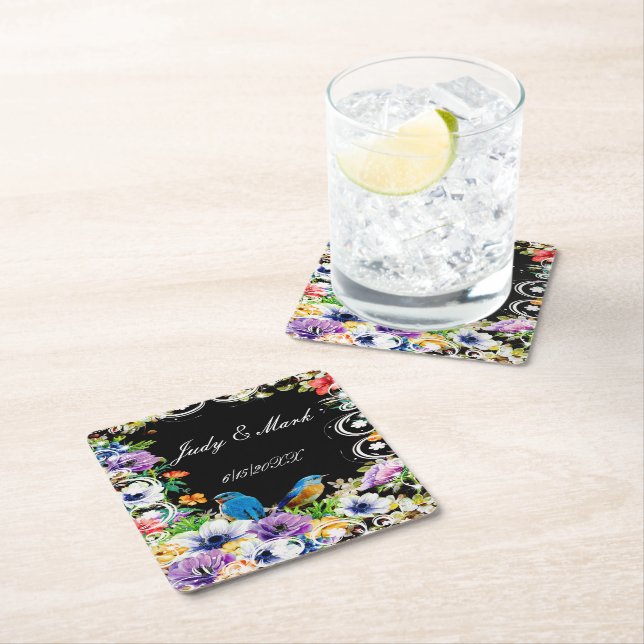 Colourful Blue Birds And Botanical Floral Square Paper Coaster (Insitu)