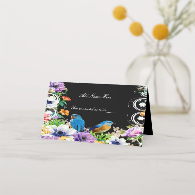 Colourful Blue Birds And Botanical Floral Table Place Card (Front)