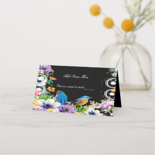 Colourful Blue Birds And Botanical Floral Table Place Card