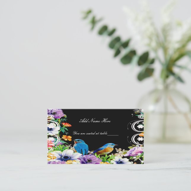 Colourful Blue Birds And Botanical Floral Table Place Card (Standing Front)