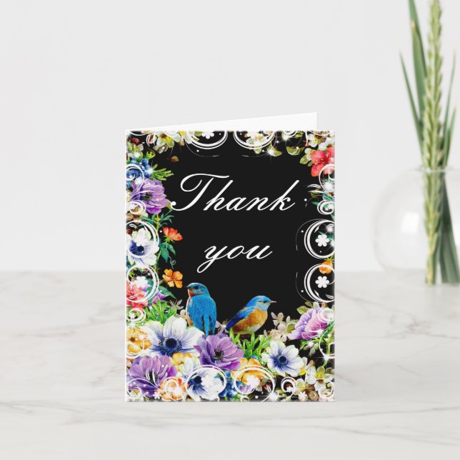 Colourful Blue Birds And Botanical Floral Thank Yo You Card (Front)