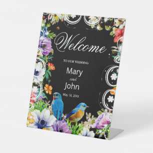 Colourful Blue Birds And Botanical Floral Wedding Pedestal Sign