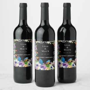 Colourful Blue Birds And Botanical Floral Wine Label