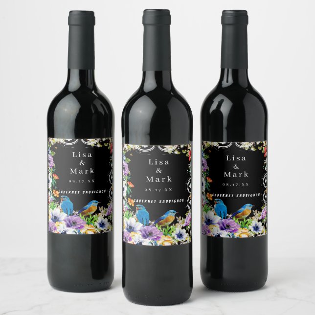 Colourful Blue Birds And Botanical Floral Wine Label (Bottles)
