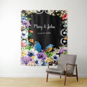 Colourful Blue Birds And Botanical Photo Backdrop Tapestry