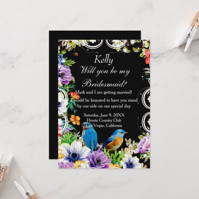 Colourful Blue Birds & Botanical Floral Bridesmaid Invitation (Front/Back In Situ)