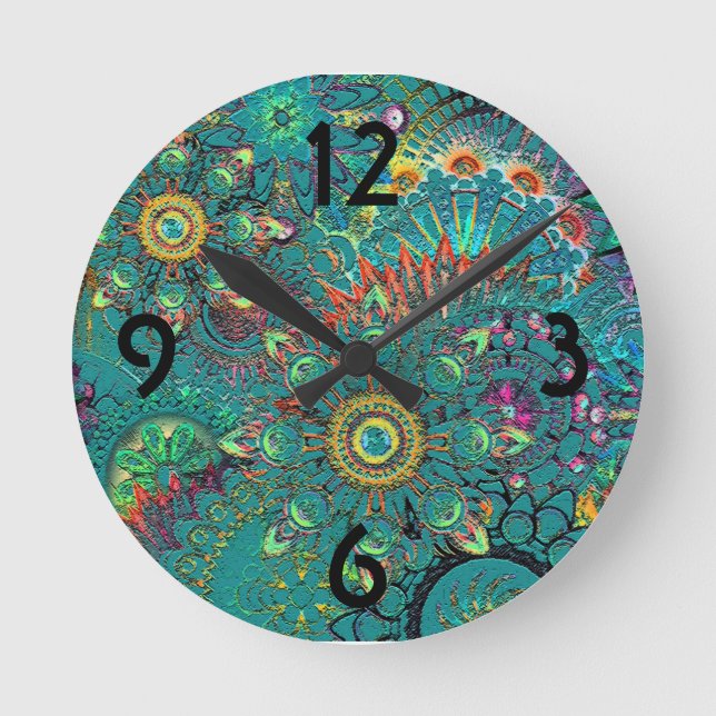 Colourful Blue Boheminan Boho Hippie Pattern Retro Round Clock (Front)