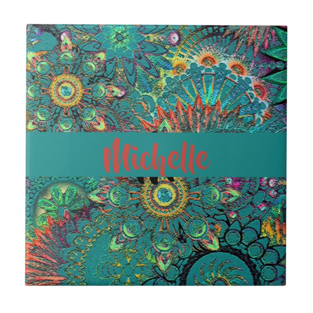 Colourful Blue Boheminan Boho Hippie Pattern Retro Tile (Front)