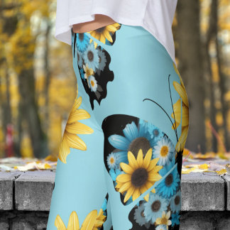 Colourful Blue Butterfly Floral Pattern Leggings