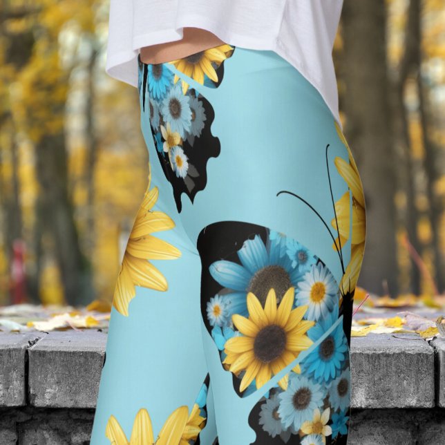 Colourful Blue Butterfly Floral Pattern Leggings (Butterfly Flowers on Robin Egg Blue)
