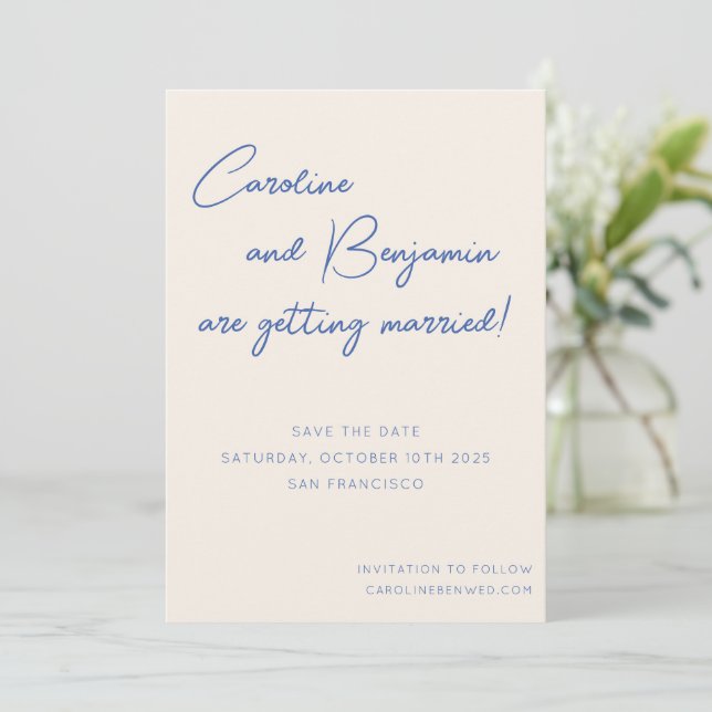 Colourful Blue Ecru Script Handwriting Wedding Save The Date (Standing Front)