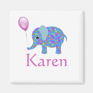 Colourful Blue Elephant Purple Balloon and Name Magnet