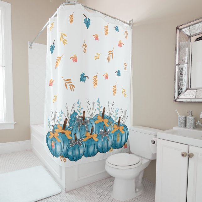 Colourful Blue Fall Pumpkins White Shower Curtain (In Situ)