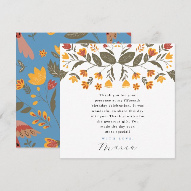 Colourful Blue Fiesta 15th Birthday Thank You Invitation (Front/Back)