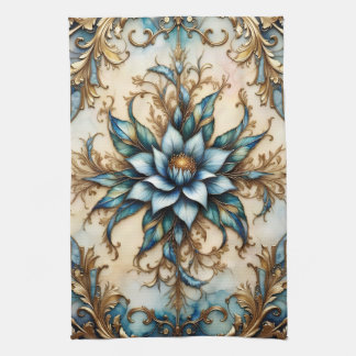 Colourful Blue floral and Gold Leaves Tea Towel