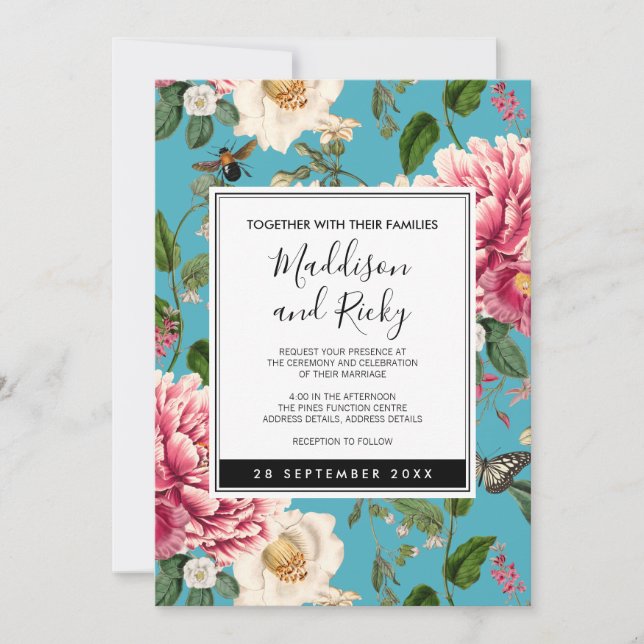 Colourful Blue Floral Garden Wedding Invitation (Front)
