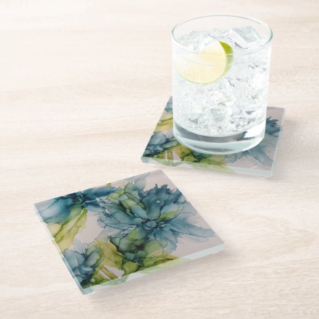 Colourful Blue Green Floral Abstract Art   Glass Coaster (Angled)