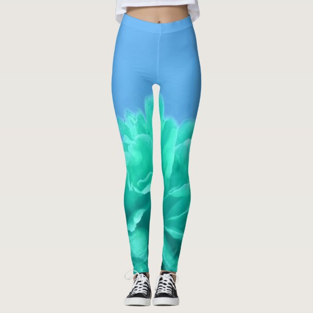 Colourful Blue Green Floral Leggings (Front)