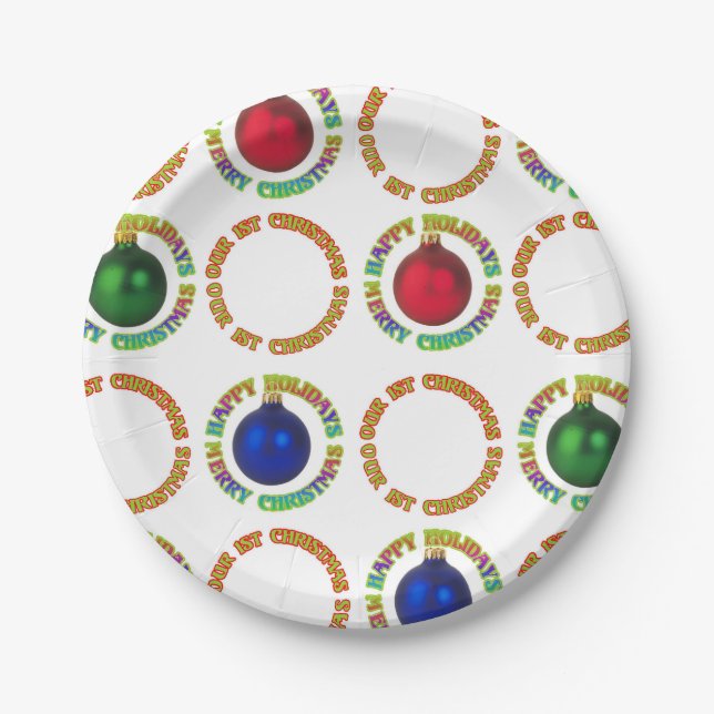 Colourful Blue Green Red Our 1st Christmas Pattern Paper Plate (Front)
