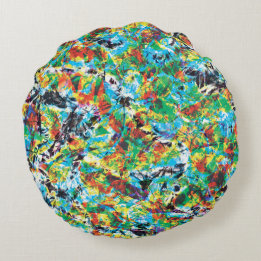 Colourful blue green spring flower pattern art round cushion