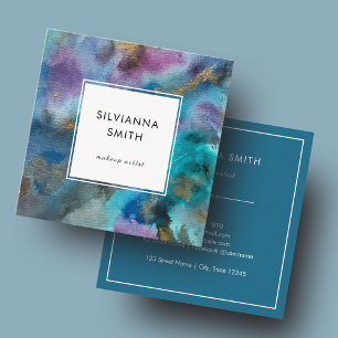 Colourful Blue Green Teal Watercolor Abstract Square Business Card