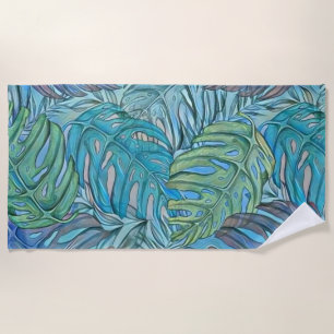 Colourful blue green tropical leaves watercolor  beach towel