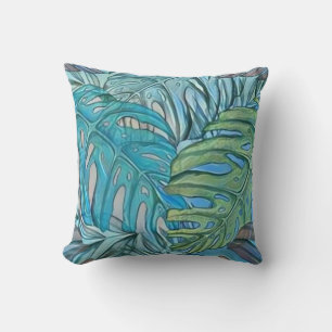 Colourful blue green tropical leaves watercolor  cushion