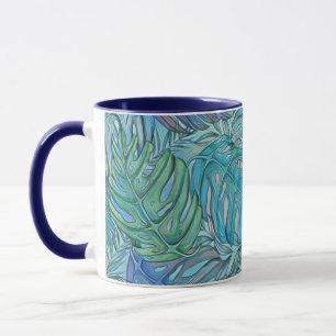 Colourful blue green tropical leaves watercolor  mug