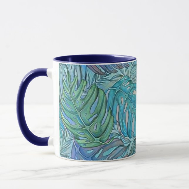 Colourful blue green tropical leaves watercolor  mug (Left)