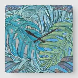 Colourful blue green tropical leaves watercolor  square wall clock