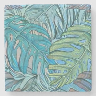 Colourful blue green tropical leaves watercolor stone coaster