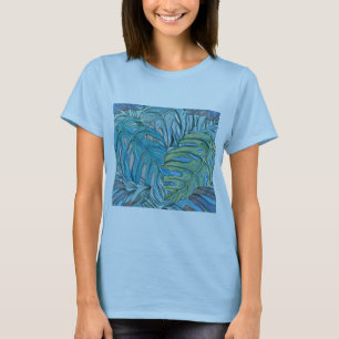 Colourful blue green tropical leaves watercolor  T-Shirt