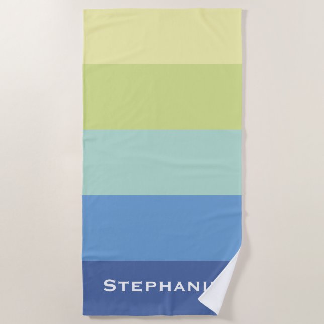 Colourful Blue Green Yellow Abstract Stripes Name Beach Towel (Front)