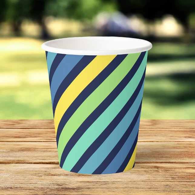 Colourful Blue Green Yellow Stripes Pattern Paper Cups (Creator Uploaded)