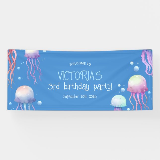 Colourful Blue Jellyfish Under the Sea Birthday  Banner (Horizontal)