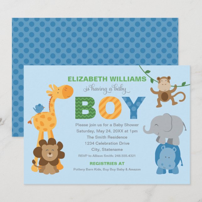 Colourful Blue Jungle Animals Baby Boy Shower Invitation (Front/Back)