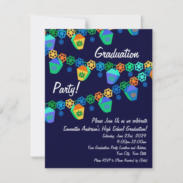 Colourful Blue Lanterns Graduation Party Invitatio Invitation (Front)