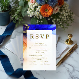 Colourful Blue Orange Gold Wedding RSVP Card